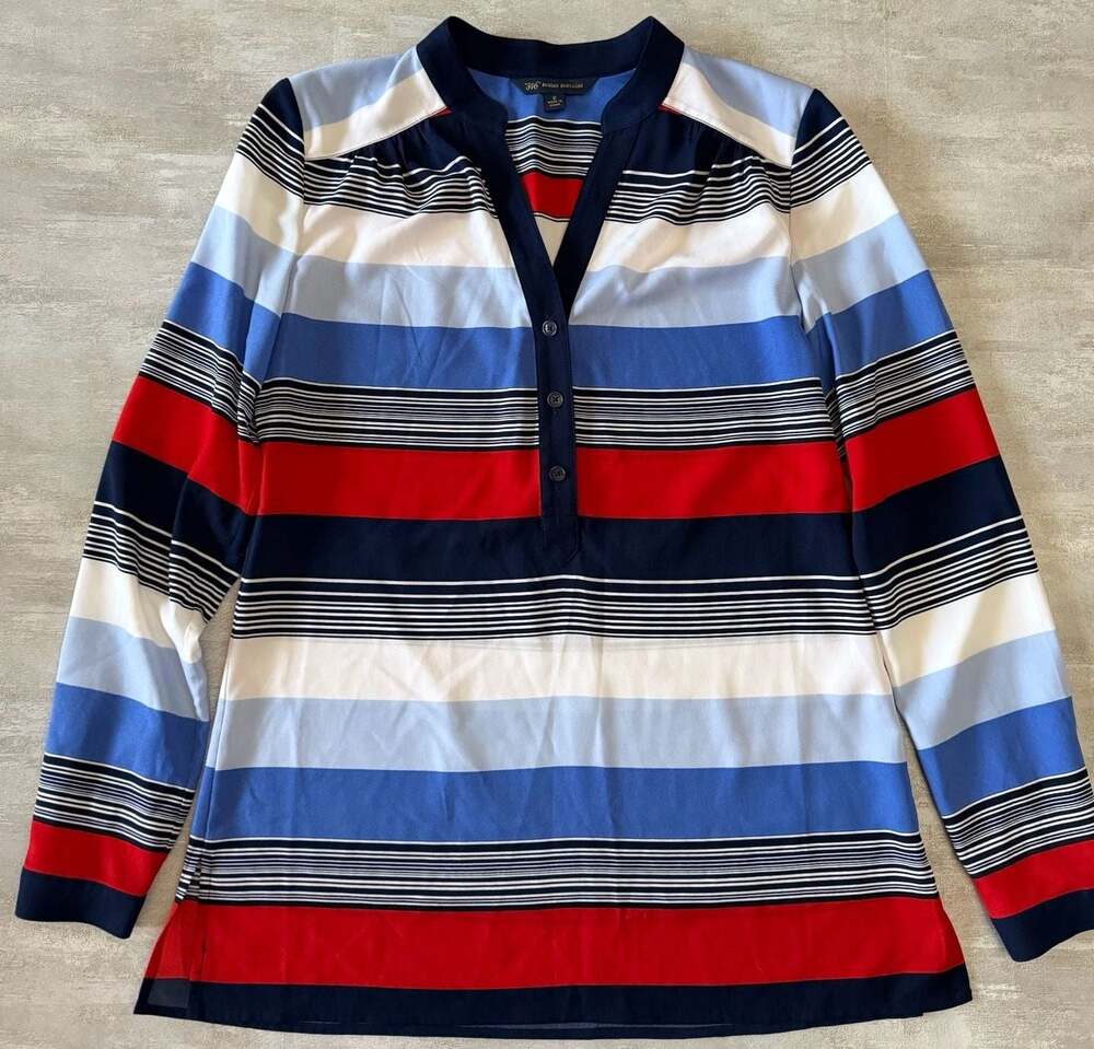 Brooks Brothers 346 Red White & Blue Striped Long Sleeve V-Neck Popover Blouse S